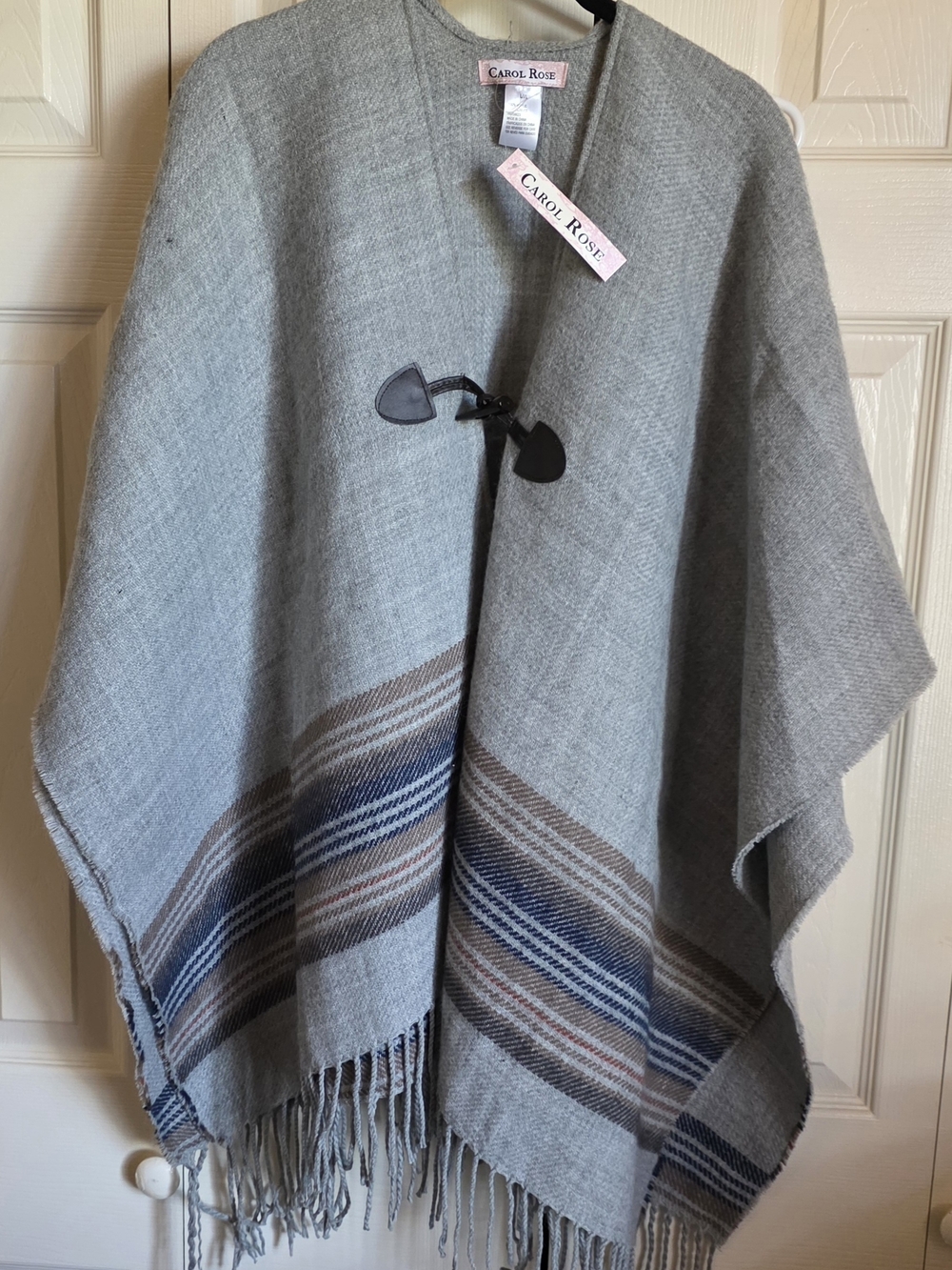 Carol Rose Light Gray Fringe Poncho with Blue and Brown Stripes